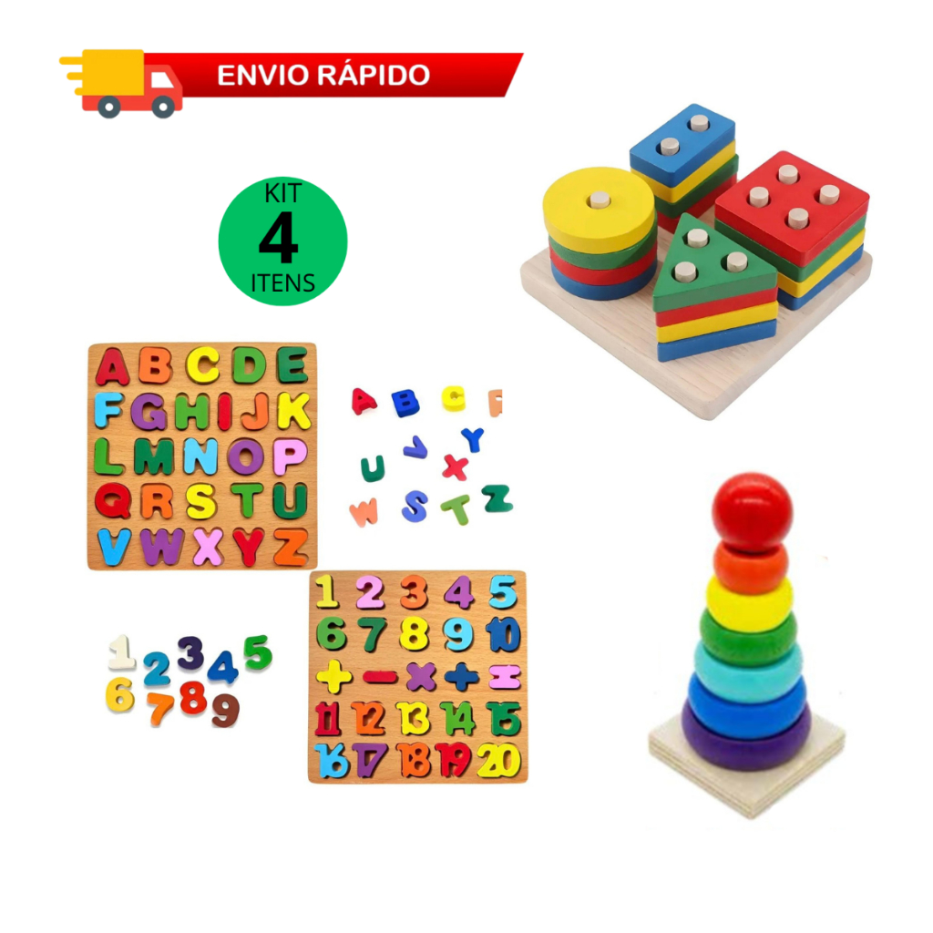 Kit Atividades 4 Brinquedos Pedagógicos Educativos Didáticos Madeira Primeira Infância