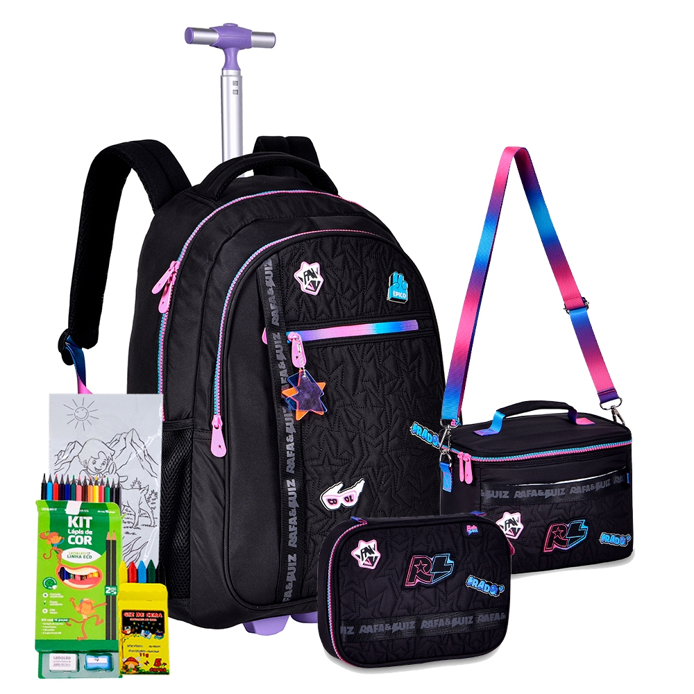 Kit Mochila Carrinho Estojo Lancheira Notebook Rafa Luiz Youtuber Adolescente Meninas Lancamento