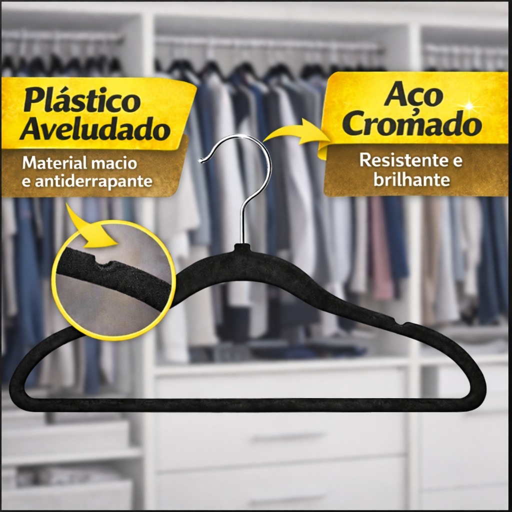 Kit 20 Cabide Veludo Adulto RRister Slim Ultra Fino Não Escorrega