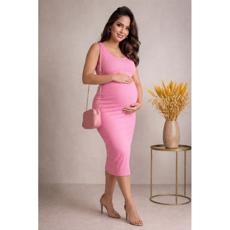 Vestido canelado Midi para Gestante Grávida de alça larga com Fenda Confortável Elegante Chá Revelação Ensaio gestante
