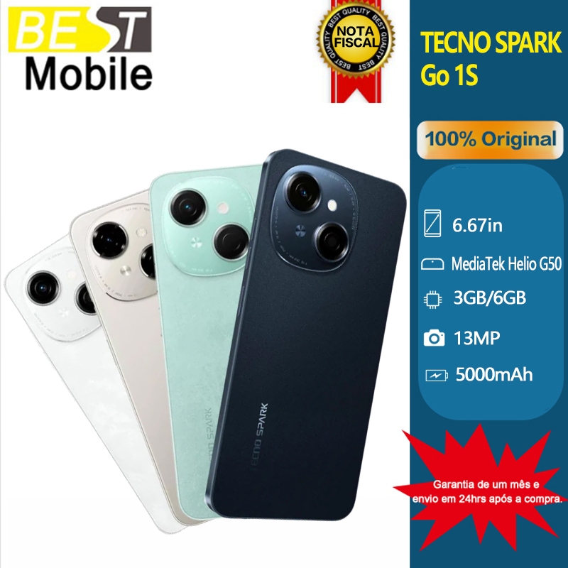 Tecno Spark Go 1S 4G, 64GB Armazenamento 3GB RAM, Bateria 5000MAH, VERSÃO GLOBAL, Mediatek Hélio G50 em Oferta na Shopee