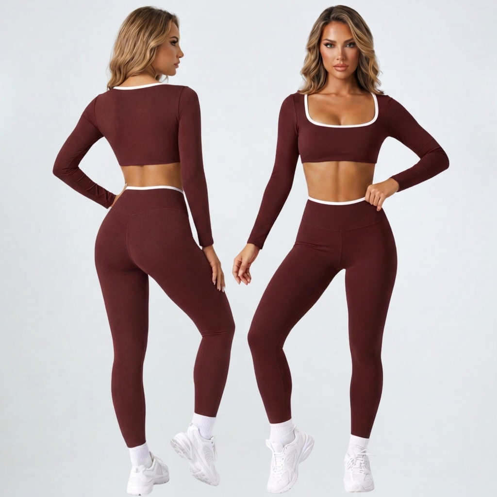 Conjunto Manga Longa de Academia Fitness Feminino com Top Manga Comprida e Calça Legging Cós Alto em Oferta na Shopee