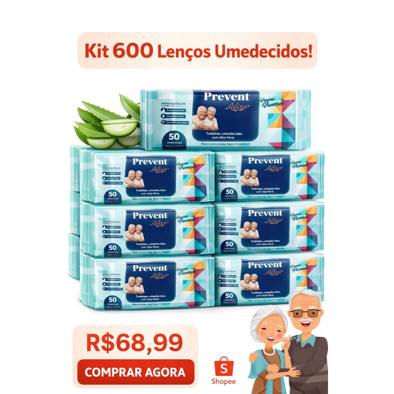 600 Lenços Umedecido com até 12 pacotes Geriátrica Prevent (50un cada)