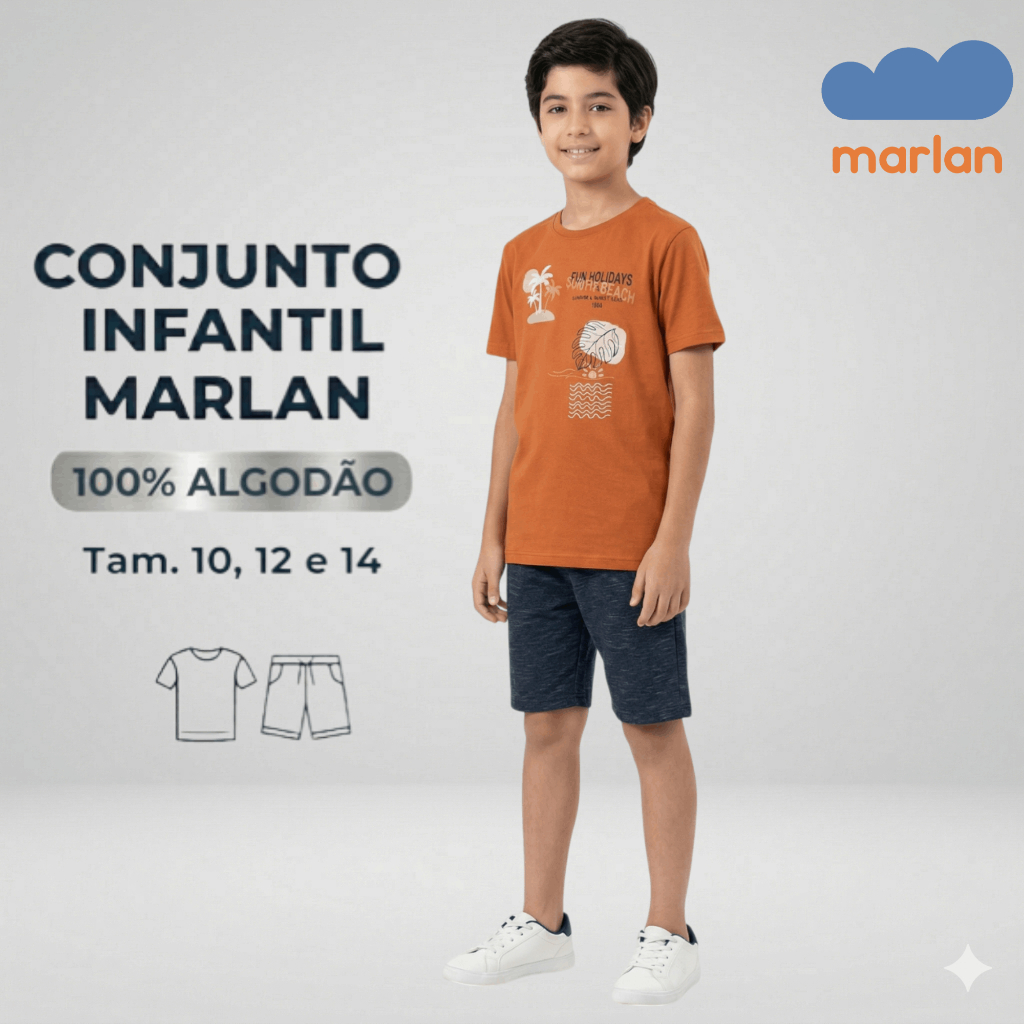 Conjunto Menino Juvenil Verão Marlan Camiseta + Bermuda 10 ao 14 Roupa Infantil