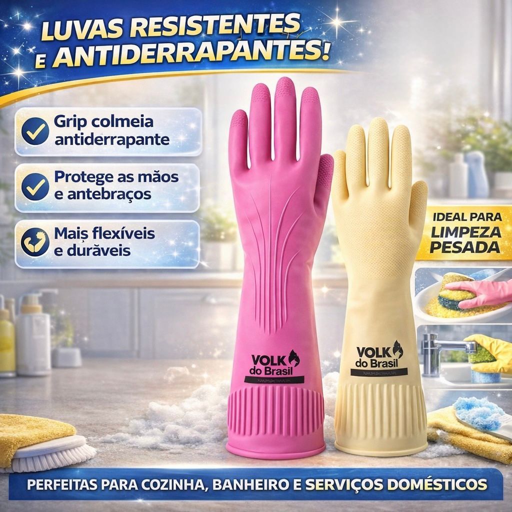 Luva Limpeza Volk Ranhurada Original CA Protecao Trabalho EPI Segurança Lavar Louças Banheiro Tira Pelos