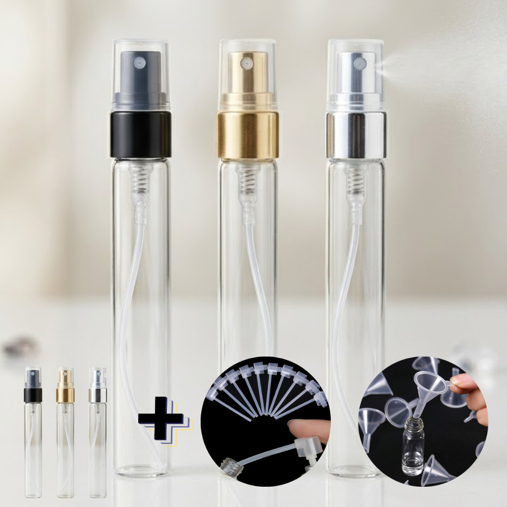 Kit 3 Porta Perfume 10ml Frasco Flaconete Vidro Spray Recarregável Viagem + Funil e Bico Decanter Leve Pequeno Bolsa