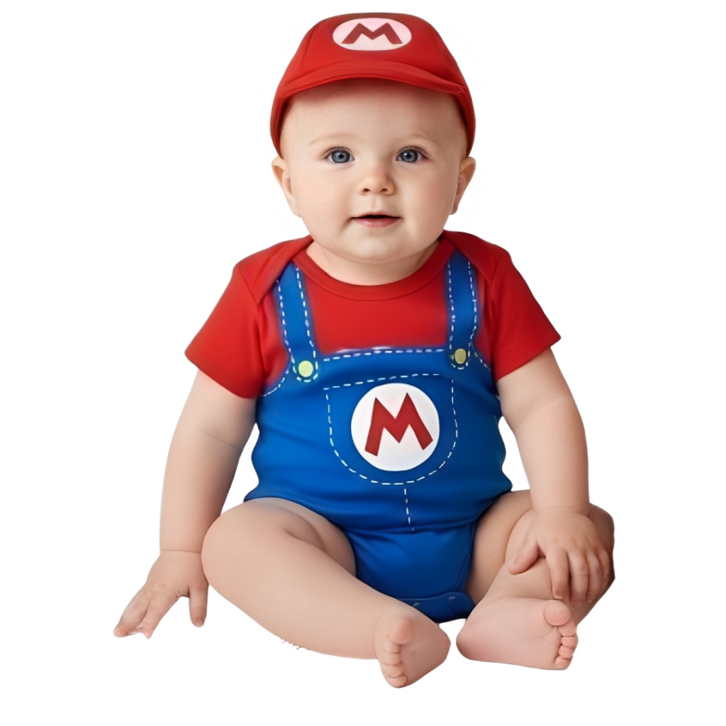 Bori Bodie Body Bebê Super Mario Bros + Boina Body Bodies p/Bebes + Boina Mario Mesversário Fantasia