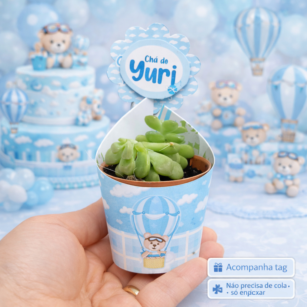 Rótulo Suculentas +Tag Personalizada Centro de Mesa Ursinho Baloeiro  Lembrancinha Festa Aniversário Chá de Bebê