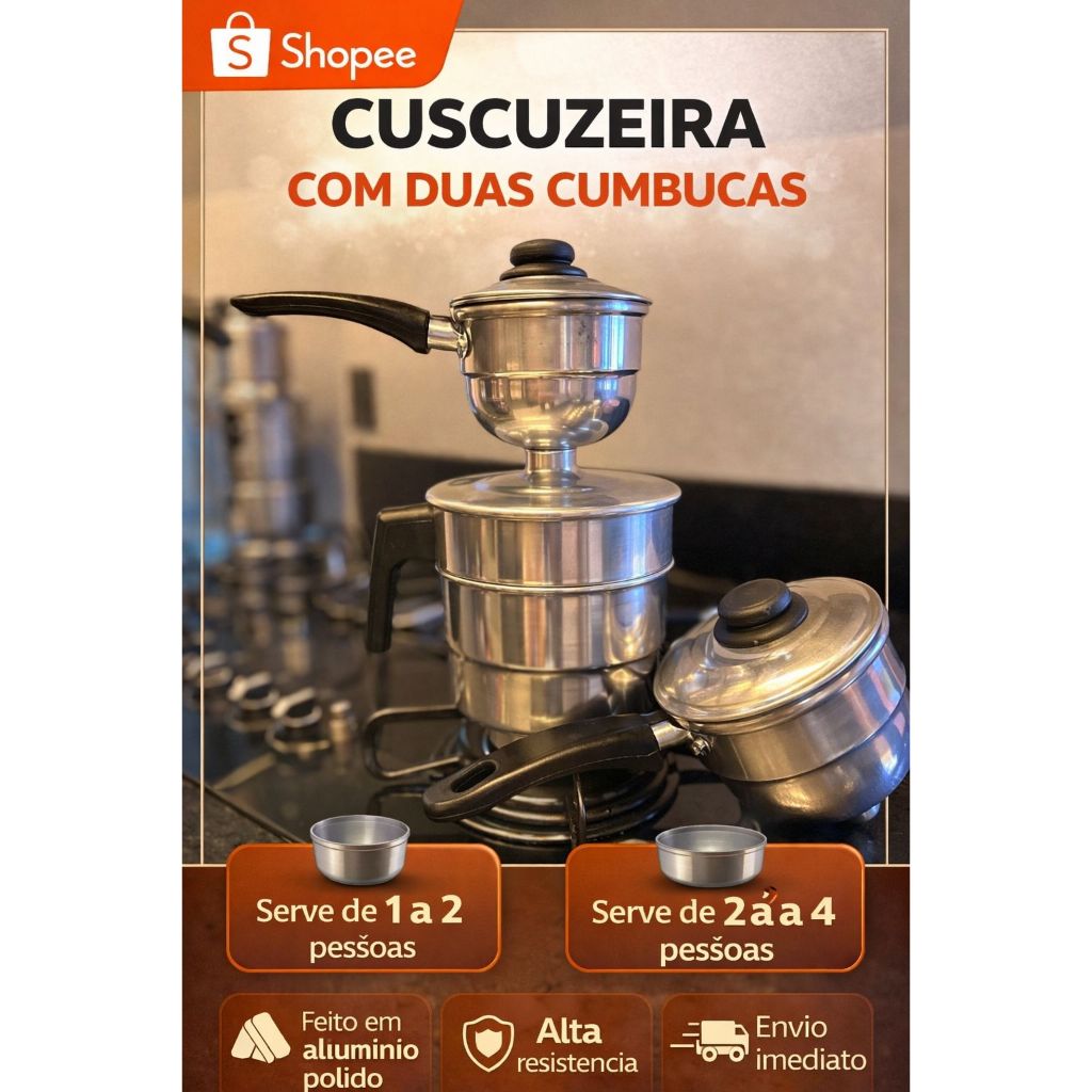 Cuscuzeira Nordestina a Vapor com 2 Cumbucas Peito de Moça – Panela de Cuscuz Tradicional Econômica – Envio Imediato
