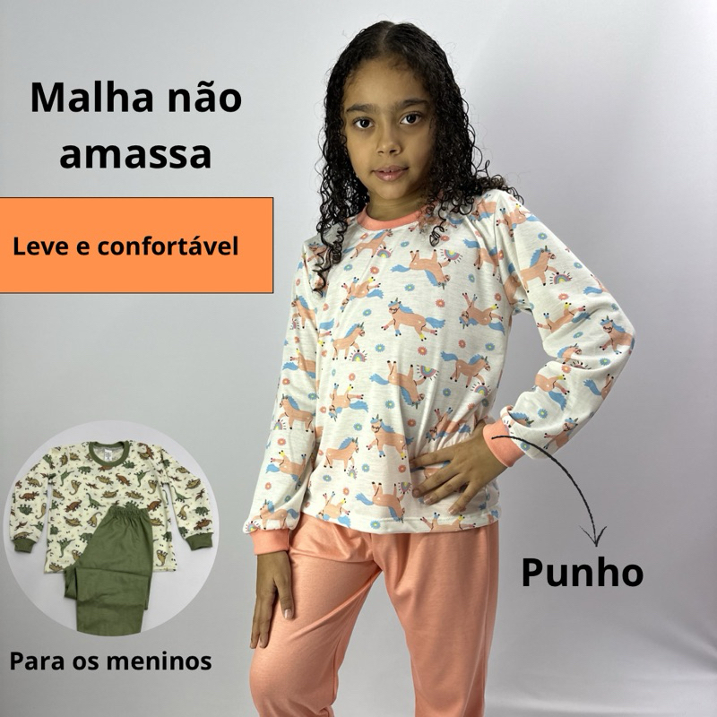 pijama malha pv manga longa com calça malha não amassa tamanho 2 ao 12 anos