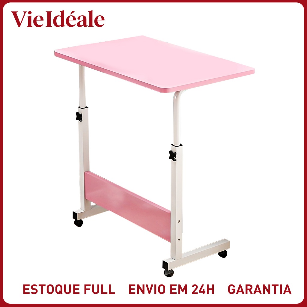 Mesa Multiuso Ajustável com Rodinhas – Mesa Lateral para Notebook e Tablet, Ideal para Cama e Sofá (Rosa)