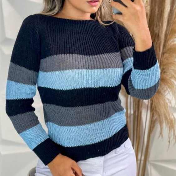 Blusa Feminina Tricô Listrado Sueter Feminino Tricot Tendencia Moda Inverno Promoção Envio Imediato