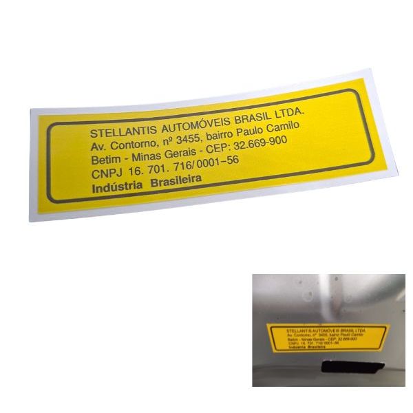 ETIQUETA LATARIA FÁBRICA STELLANTIS AUTOMÓVEIS / ADESIVO ENDEREÇO FÁBRICA BETIM-MG