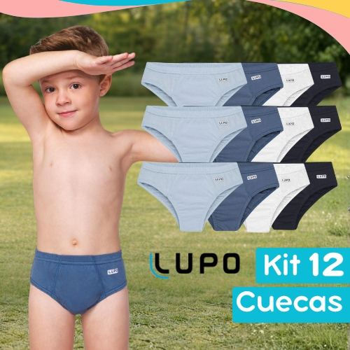Cueca Infantil Slip Algodão Lupo Original Kit 12 Com Elástico Escola Dia a Dia Macia Confortável