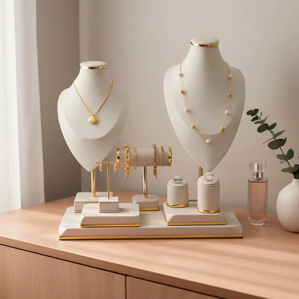 Kit Expositor Joias Bijuterias Busto Forrado Offwhite Mostruário Tecido Veludo Facto Napa Courino