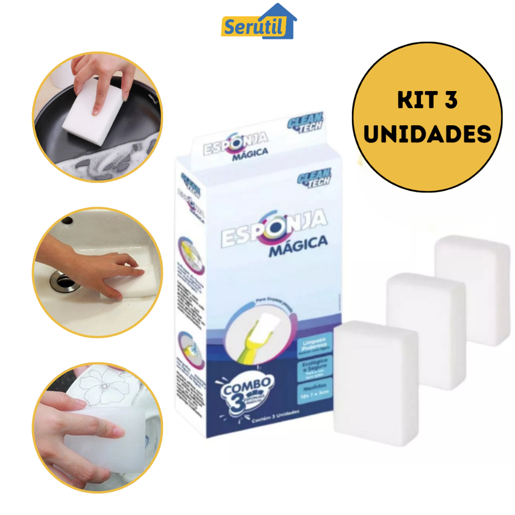Kit 3 Esponja Mágica de Melamina Tira Manchas Riscos Sem Produtos Químicos