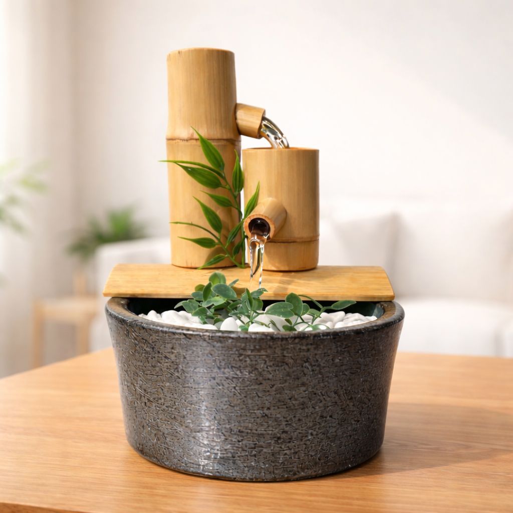 Imagem Fonte de Água Bambu Zen 2 Quedas Cinza Fonte de Mesa Decorativa Feng Shui Cascata Relaxante