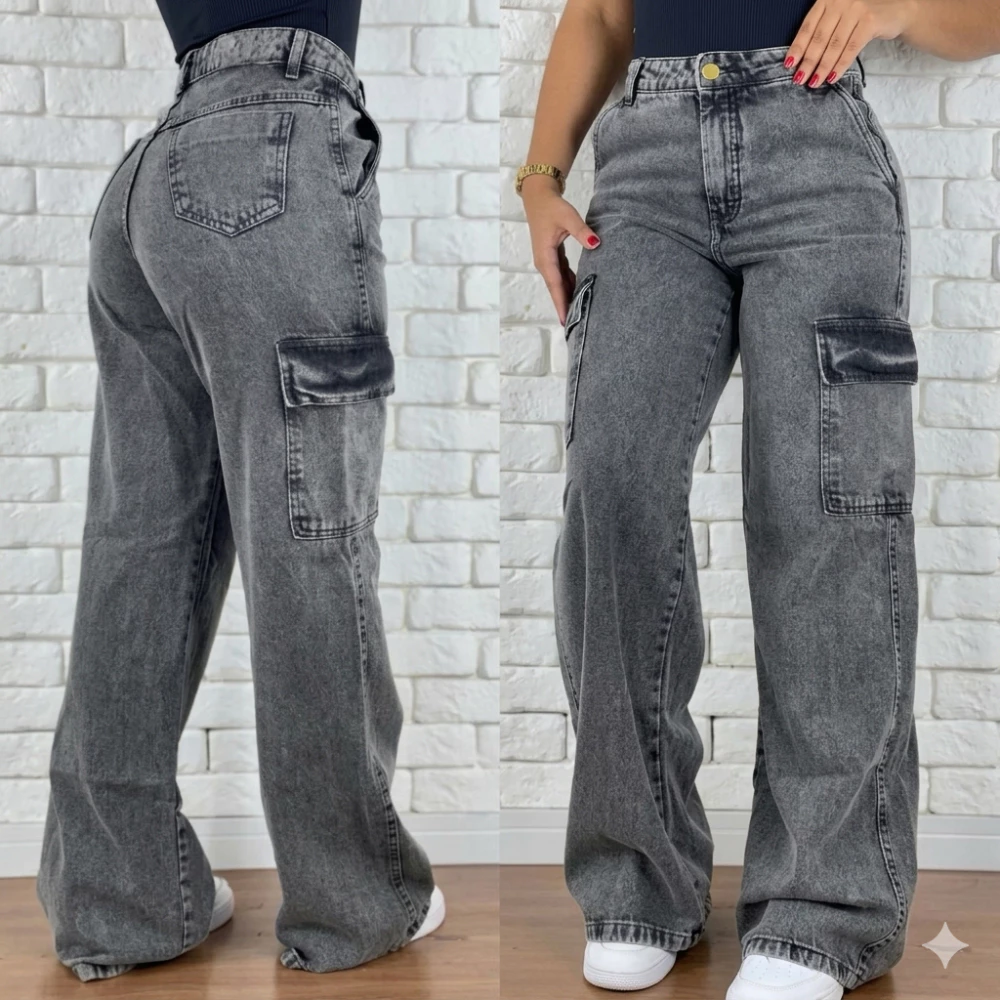 Calça Cargo Jeans Feminina Wide Leg Cintura Alta Levanta Bumbum Bolsos Laterais Modeladora Premium Tendência 2026 ENVIO — imagem 1