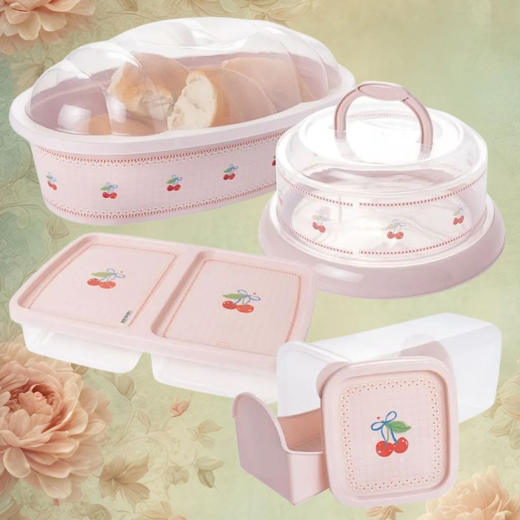 Kit Porta Pão Queijo Torrada Frios Rodinho Pia Cozinha Vasilha Plástica Rosa Decoração Casa Pote Vintage Conjunto