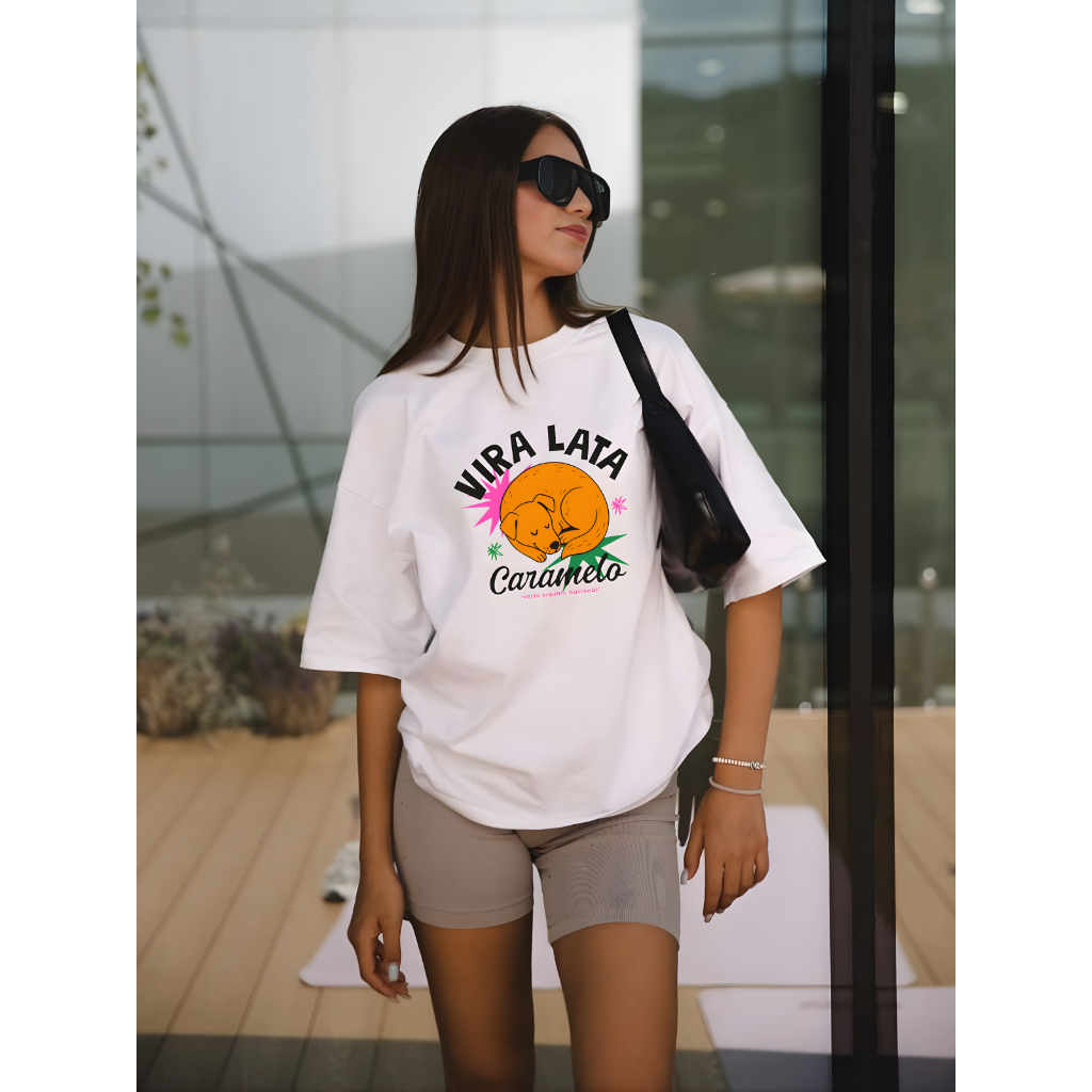 Blusao Feminino Camiseta Oversized Caramelo Vira Lata Brasilidade Camisa Larguinha Confortável