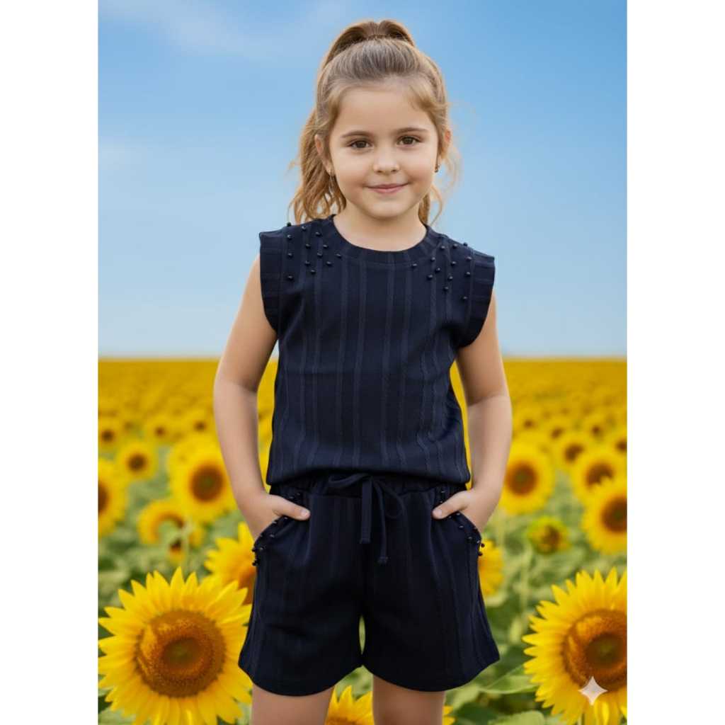Conjunto Feminino Infantil com Regata e Short com Pérolas  em Tecido Canelado