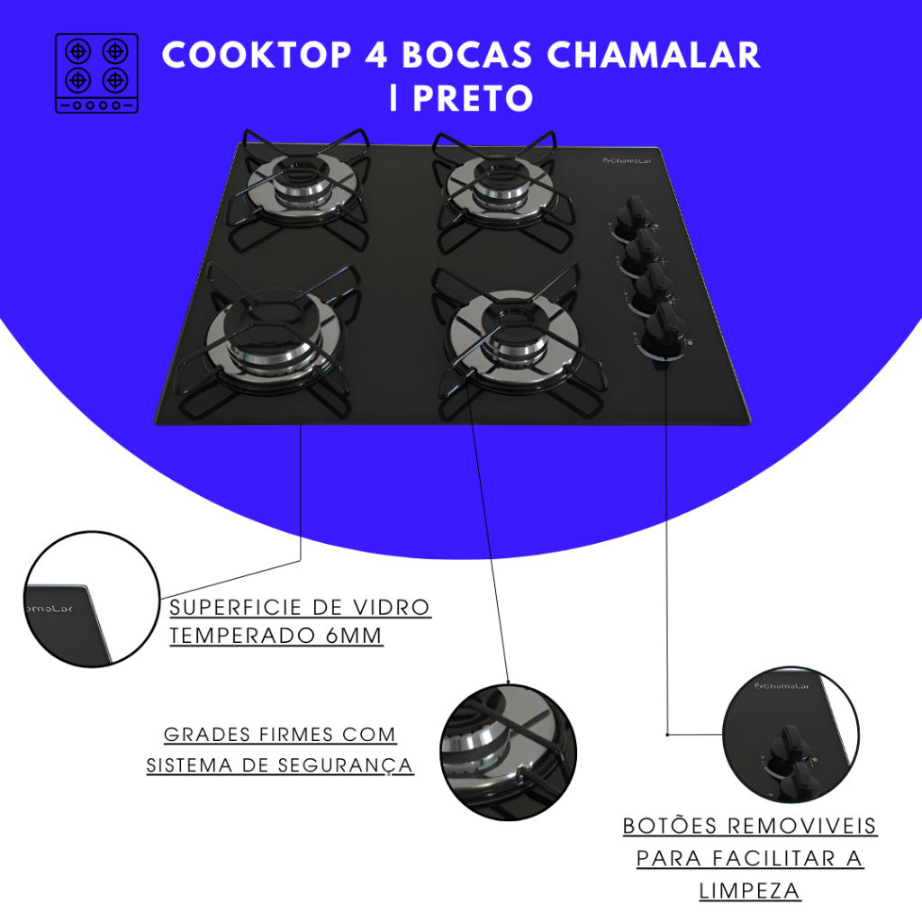 Fogão Cooktop Classic Gás 4 Bocas Ultra Chama 127v/220v Preto