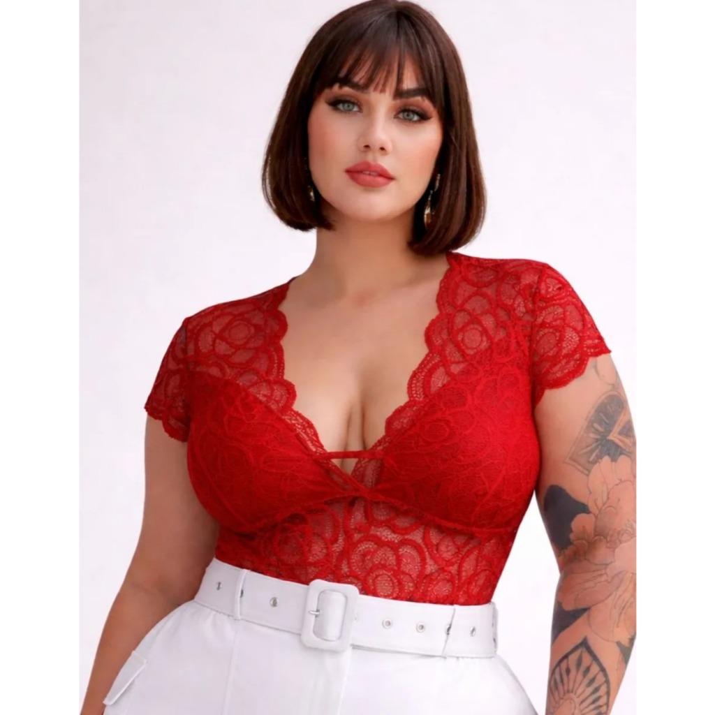 Body Plus Size Renda com Manguinha MODA PUS MANGUINHA EM RENDA BODY PLUS