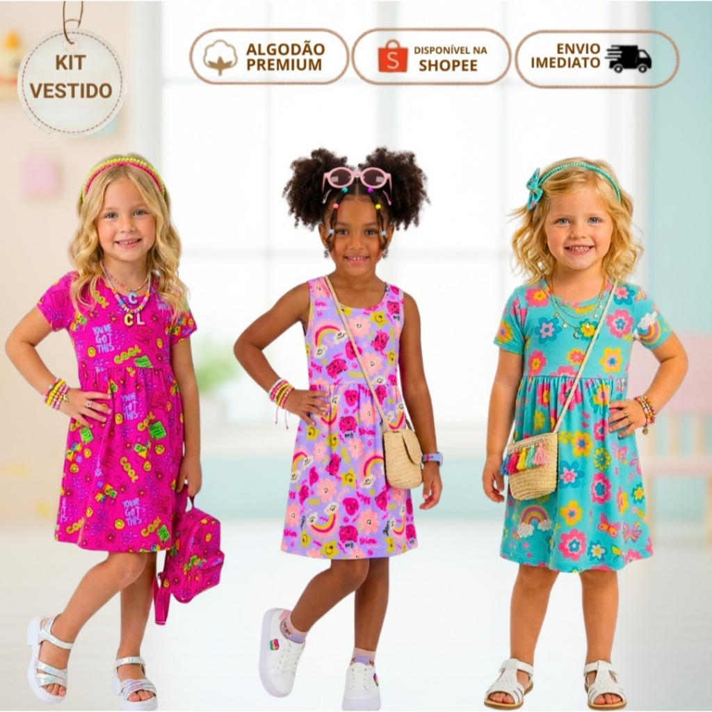 Kit 4 Vestido Infantil Verão Menina Algodão para Dia a Dia Escolar Premium Estampados 1 ao 8 anos