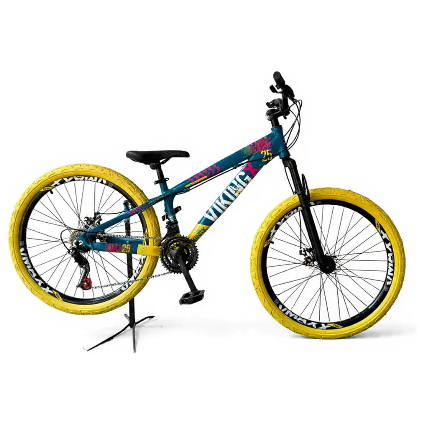 Bicicleta aro 26 vikingX Azul amarelo aro Vmaxx pneu kenda flame amarelo freio a disco PRO GRAU