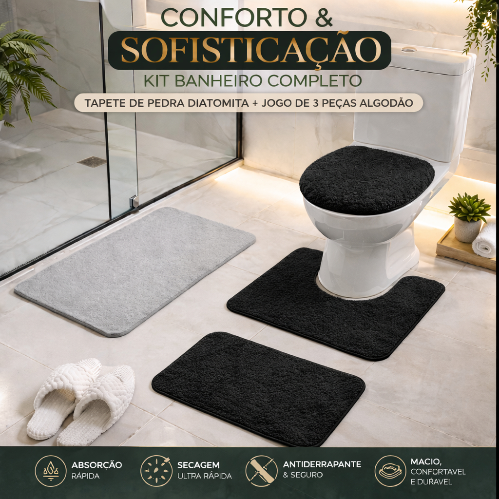 Tapete Pedra Diatomita Para Banheiro Secagem Rápida + Jogo Tapete Banheiro 3 Peças Preto Creme Cinza