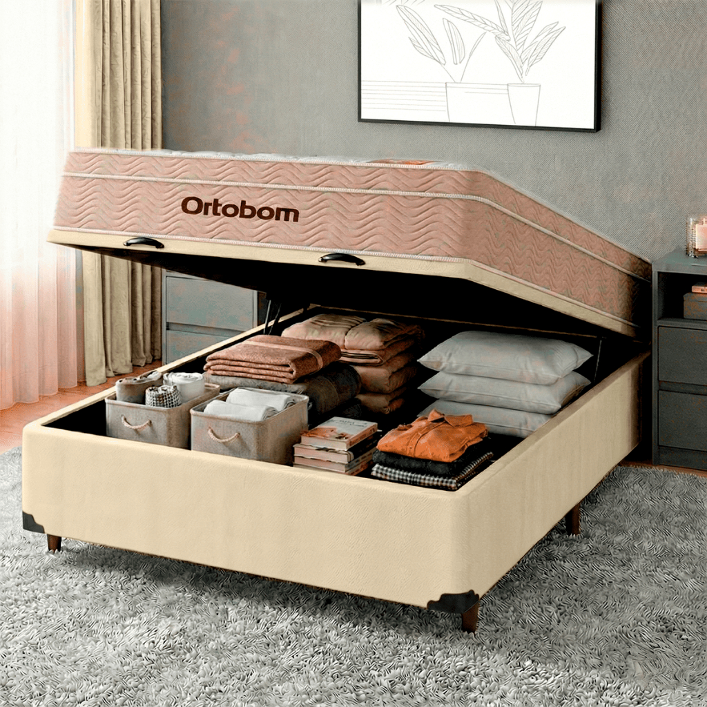 Conjunto Cama Box Bau Casal + Colchão Airtech Molas Ensacadas Ortobom
