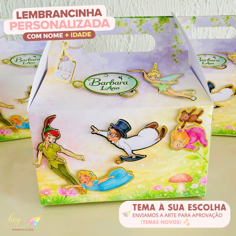Lembrancinha Peter Pan e Tinkerbell  Personalizada | Caixa Maleta | Nome e Idade | Festa Escolar | Aniversário Infantil