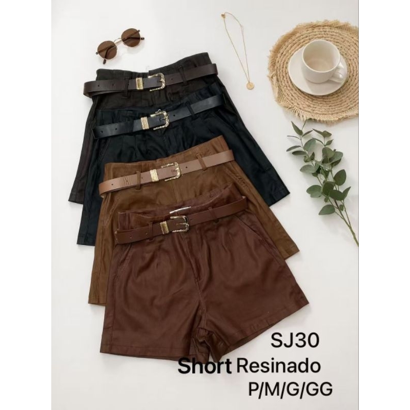NEW short resinada super elástica com cinto