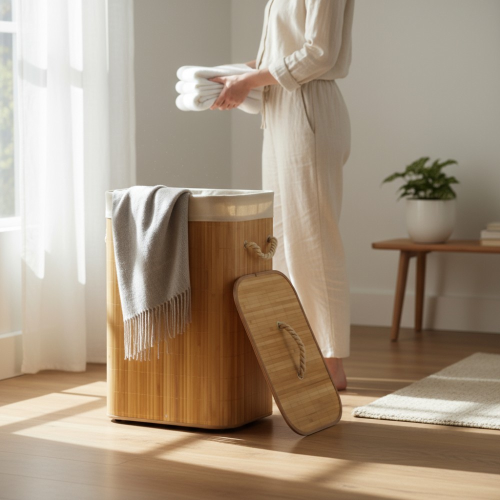 Cesto roupa suja Bambu com tampa Wincy porta objetos dobrável compacto leve com saco de tecido