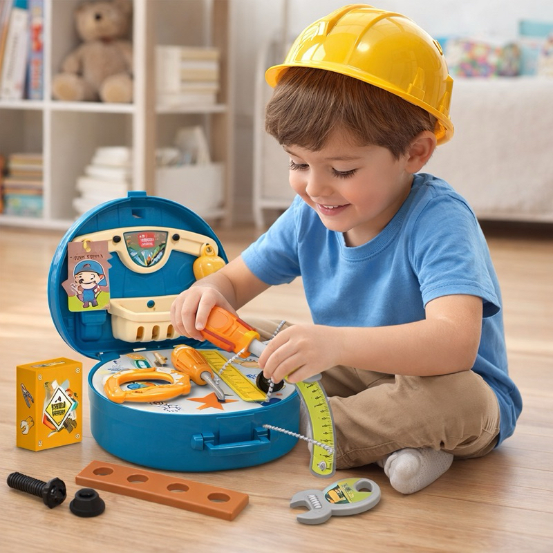 Kit Maleta Ferramentas Com Alça Infantil 23 Peças Brinquedo Construção Engenheiro Civil Régua Jogo de Chaves Esquadro