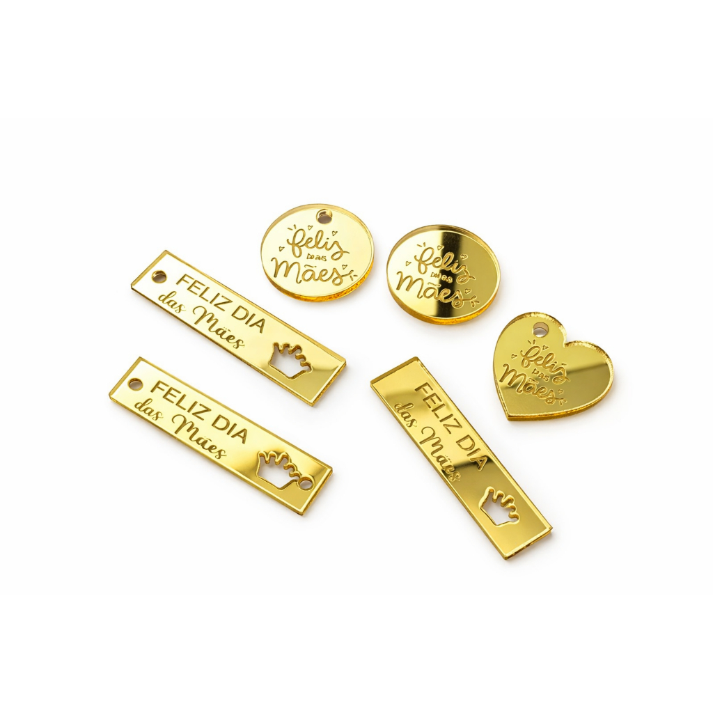Kit 20/30/50 Tags Dia das Mães Acrílico Espelhado Dourado | Pingente Personalizado  (Redondo, Retangular, Coração)
