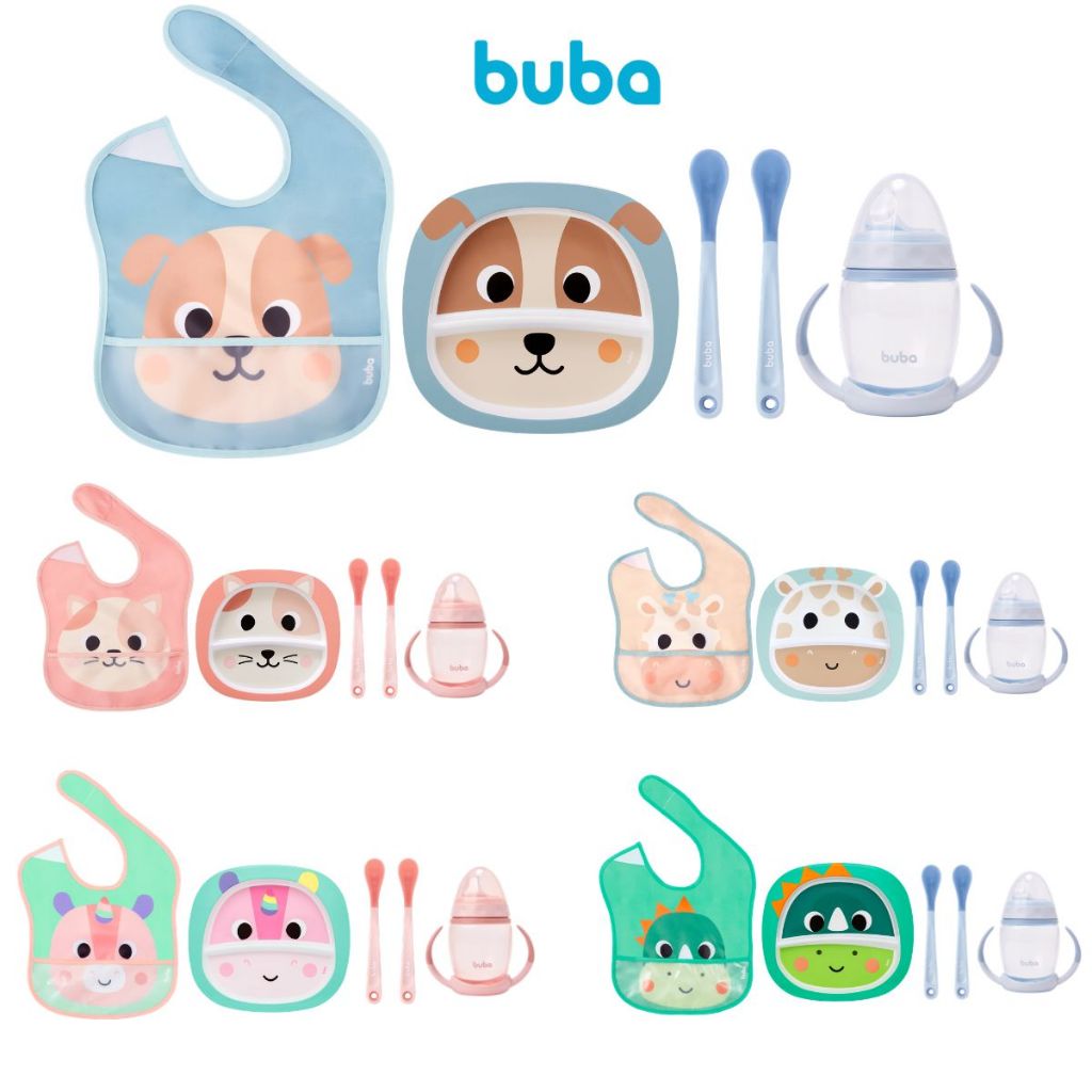 Kit Refeição Introdução Alimentar Buba (Prato Bebê com divisória, Copo bico de silicone, kit Colher, Babador Impermeável