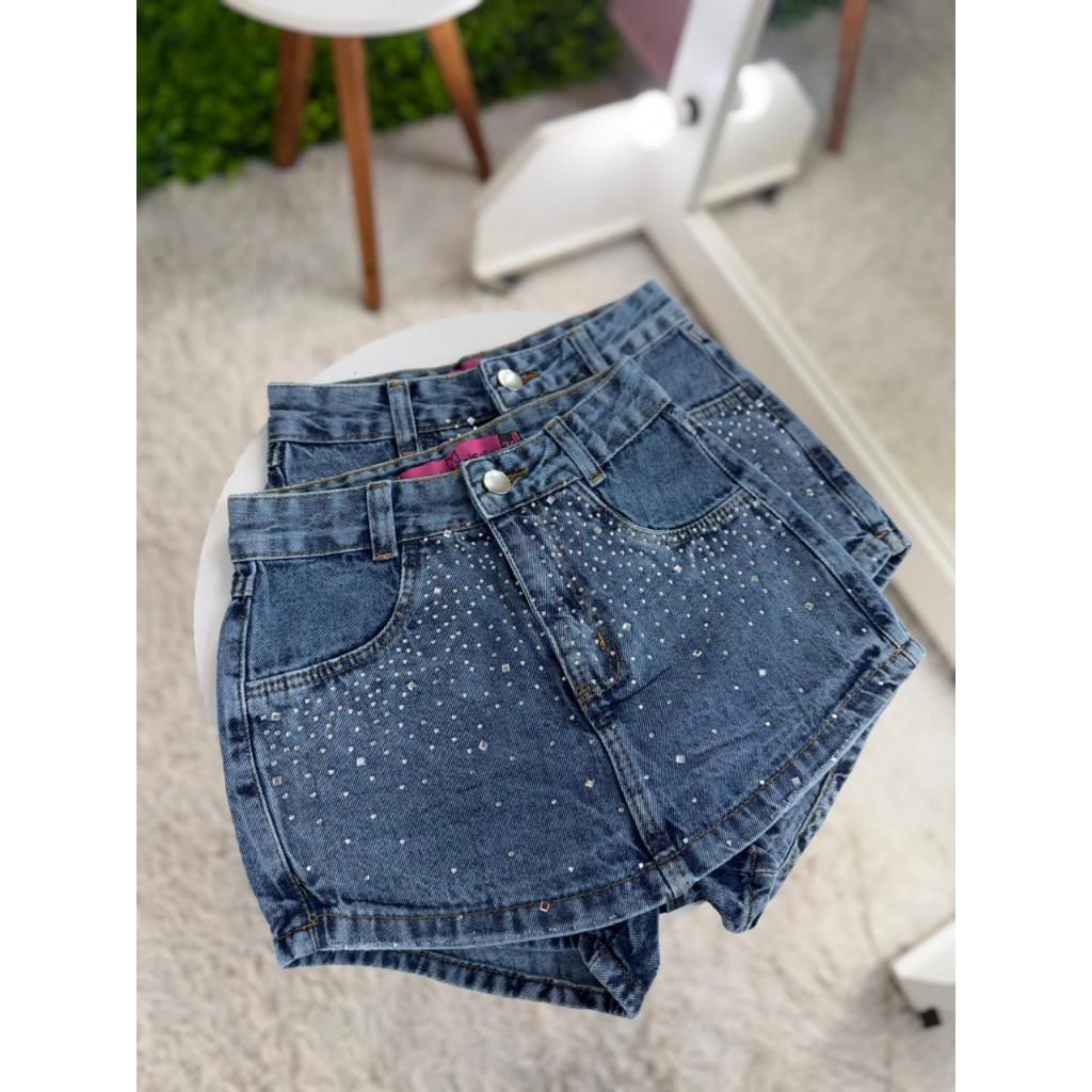 Short Saia Jeans Feminino Cintura Alta Com Strass Lavagem Marmorizada- São João| Festa Junina