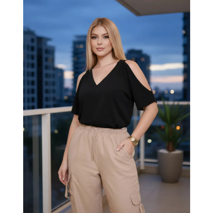 Blusa Feminina Estampada Decote V Ombro Vazado Manga 3/4 Elegante Moda Evangélica Casual Chic
