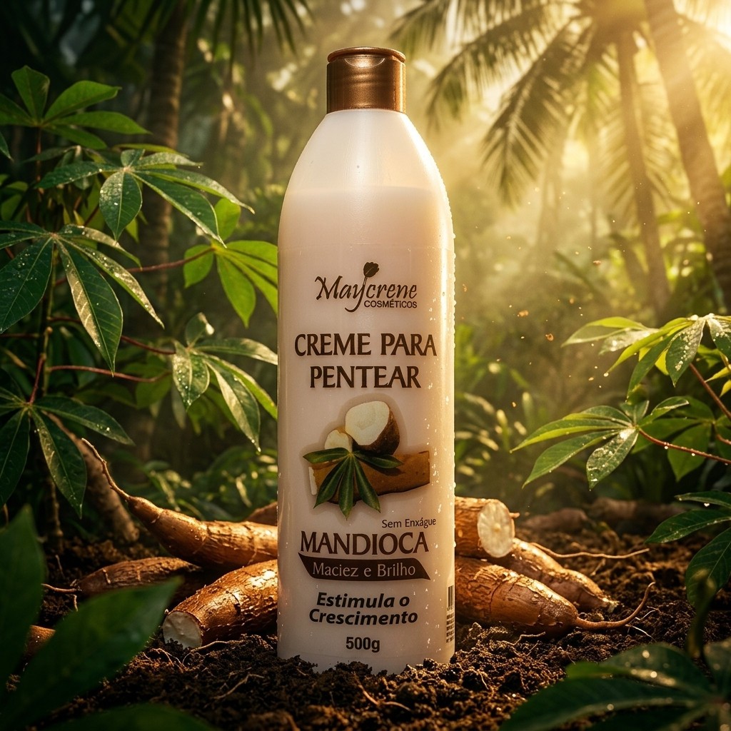Creme de Pentear Mandioca Maycrene 500g Capilar Hidratante Estimula Crescimento Cabelo Sem Enxague