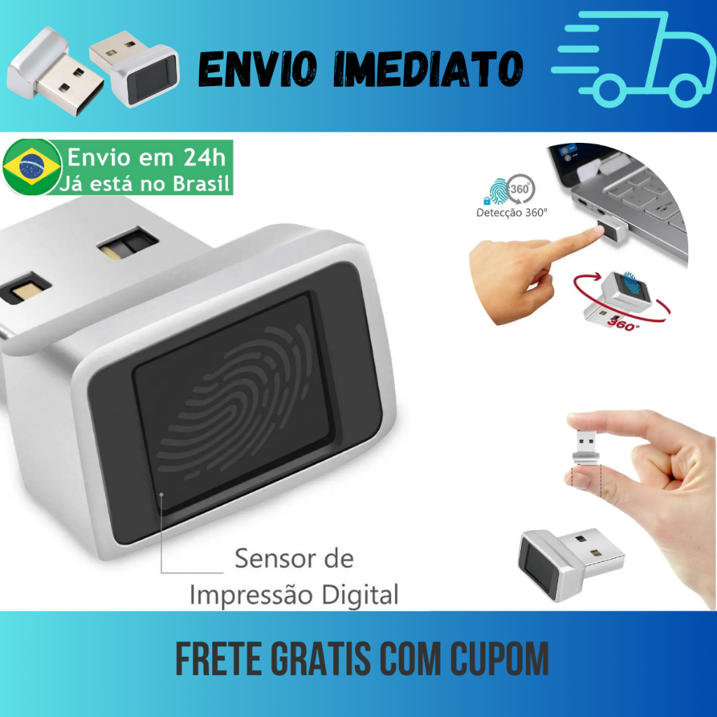 Leitor Biométrico Digital Digitais Sensor Biometria Usb Windows Hello Pc Criptografia Segura