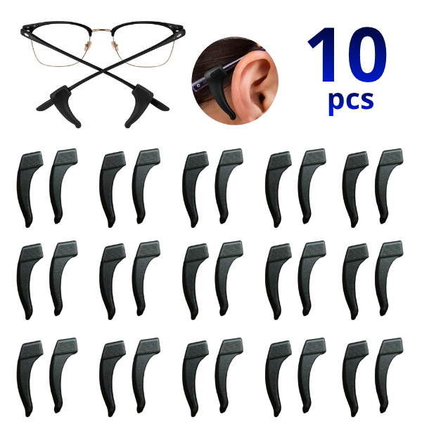 Kit 10 Suporte Para Armação de Óculos Antiderrapante 5 Pares Gancho de Orelha em Silicone Adulto e Infantil Cor Preta
