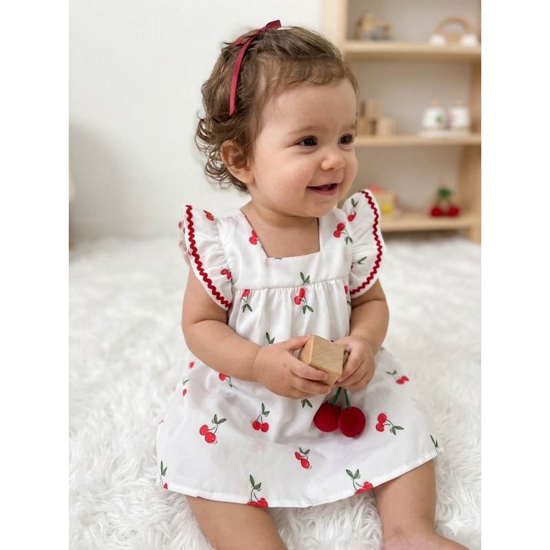 Vestido infantil sedinha com forro manga curta franzida babado, rosa, cereja, azul, vermelho, verão