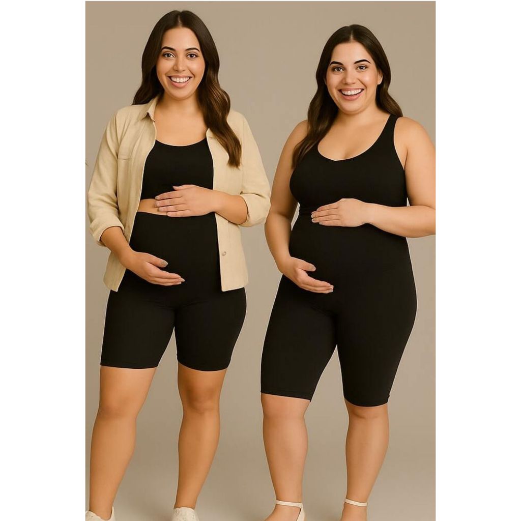 Kit bermuda gestante ciclista comprida + shorts gestante curto roupa maternidade alto conforto e sustentação barriga mãe