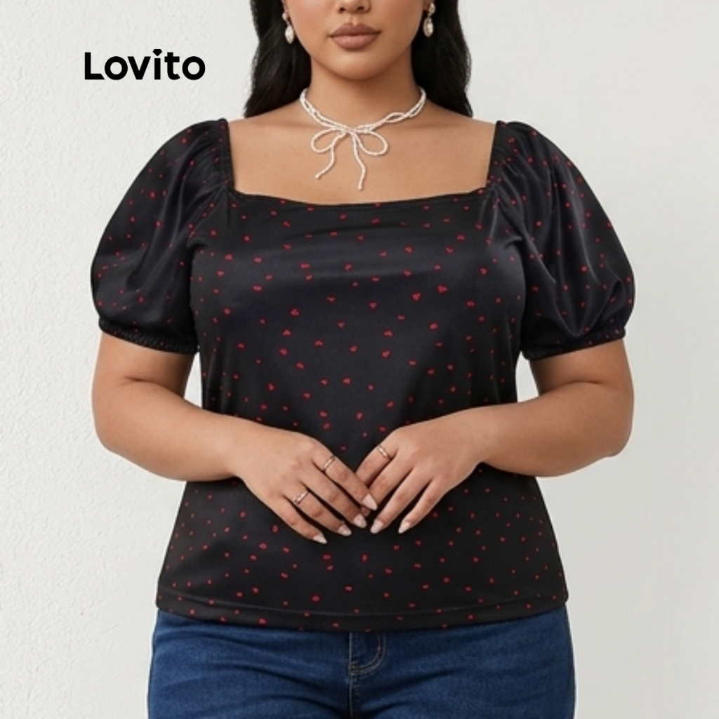 Lovito Plus Size Blusa Estampada Decote Quadrado BLB802BRL832 em Oferta na Shopee