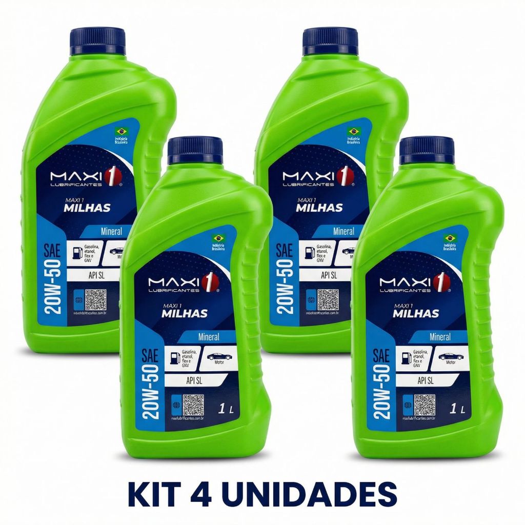 Kit 4 Litros Óleo Lubrificante Para Troca 20w50 Maxi1 Api Sl Para Carros