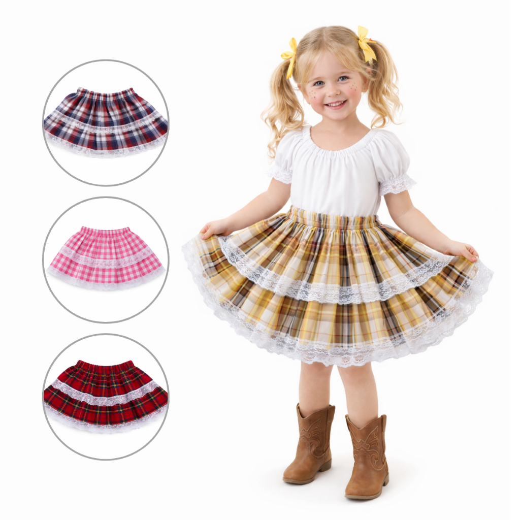 Saia Infantil Xadrez Festa Junina Caipira São João Menina Dançar Quadrilha Babados Várias Cores Cosplay Julina Curta