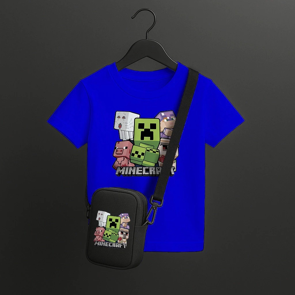 Kit Duas Peças Camiseta Infantil Minecraft + Shoulder Bag Camiseta Estilosa e Bolsa Gamer Personagem