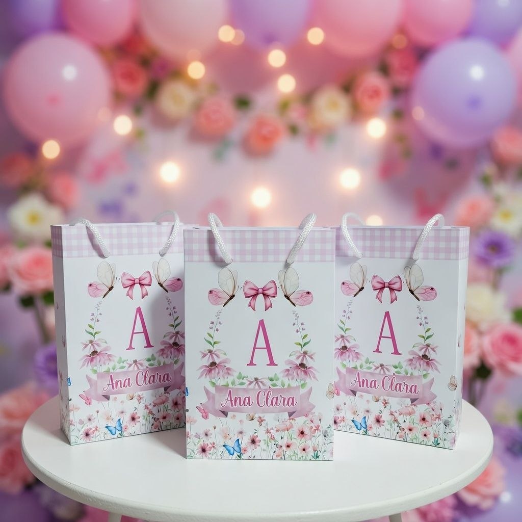 Sacolinhas Surpresa Personalizada (10X15 cm) Festa Infantil PEGUE E MONTE | Lembrancinha | JARDIM DAS BORBOLETAS