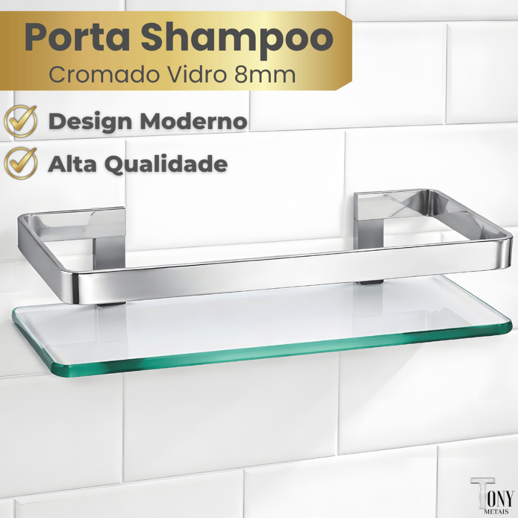 Porta Shampoo 8MM de Luxo com Suporte Lateral Reto + Papeleira | Vidro Incolor & Estrutura Cromada